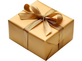 Elegant gold present box with shiny ribbon isolated on transparent background, perfect for celebration and luxury design.