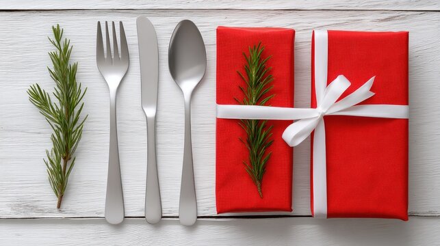 A beautifully arranged plate showcases a gift wrapped in ribbon and green pine leaves, perfect for holiday celebrations