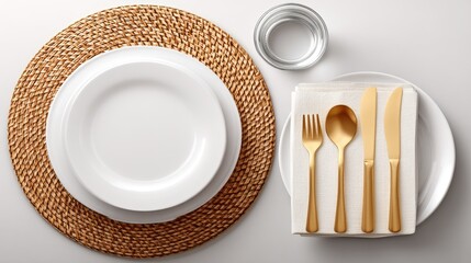 A classy table is set with a white plate, golden utensils, folded napkins, and a woven placemat, creating an inviting atmosphere