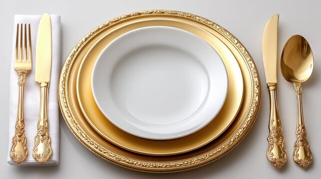 A classy table is set with a white plate, golden utensils, folded napkins, and a woven placemat, creating an inviting atmosphere