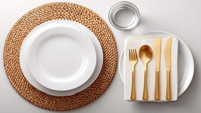 A classy table is set with a white plate, golden utensils, folded napkins, and a woven placemat, creating an inviting atmosphere