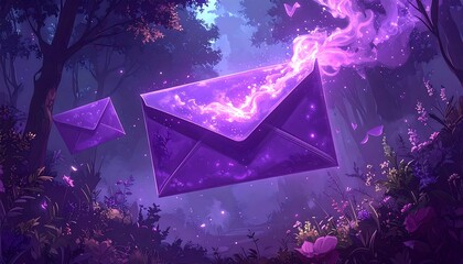 Glowing purple envelopes float in a whimsical forest scene, emitting ethereal, smokey light among flowers and trees