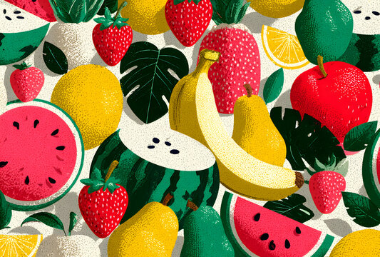 Fruit and berry background, abstract food seamless pattern. Fresh fruits wallpaper with apple, banana, strawberry, watermelon, line icons. Vegetarian grocery vector illustration, green white color