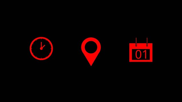 Modern minimal UI animation showing time icon, location pin, and date calendar interface elements . Clean flat design suitable for event intro, schedule display, digital dashboard, futuristic HUD, and