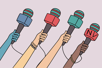 Colorful microphones in many hands, at a press conference or interview, vibrant and dynamic, conveying media engagement.