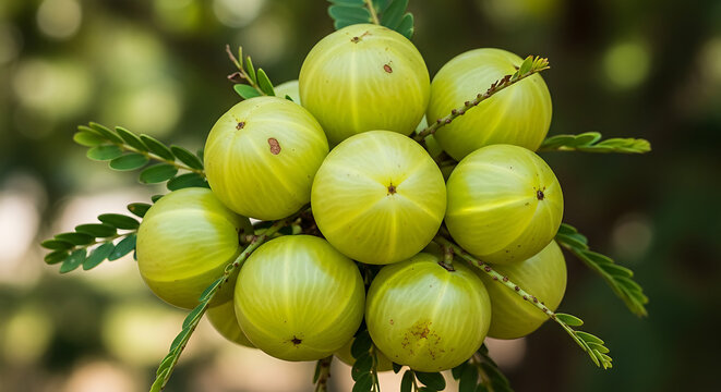 A close up of a cluster of indian gooseberries with green leaves on a blurred background outside view