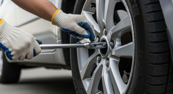 Changing car tire shown by hand using wrench, changing car tire by roadside. Process of changing car tire demonstrated by male hand using repair wrench. - Powered by Adobe