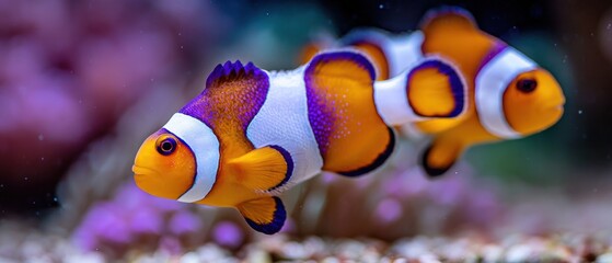 Close-up of Two Clownfish Swimming in Aquarium; Orange White and Purple Tropical Fish in Captivity; Eye-Level Shot