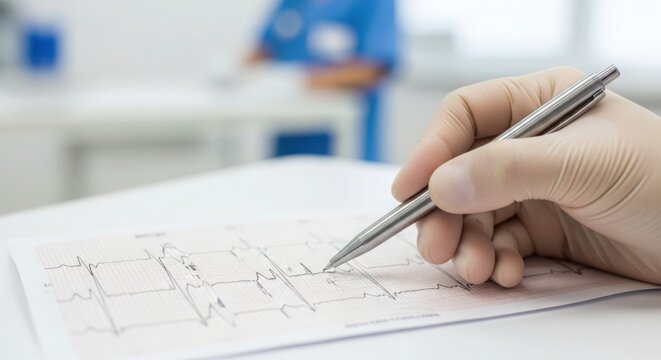 Electrocardiogram analysis on paper by doctor with pen in hand, focused on heart health evaluation. Electrocardiogram analysis shows rhythm and abnormalities, aiding in diagnosis,