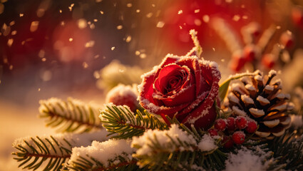 Rose blooming in winter. Symbolizing enduring love and holiday romance. Embraced by fresh snow on pine branches with pinecones and red berries under falling snowflakes