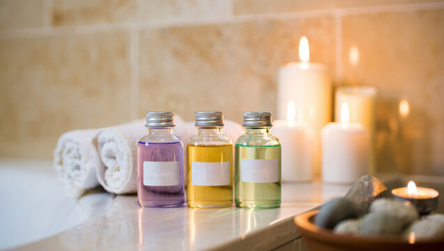 Aromatic bath oils and lit candles creating a calm spa ambiance, promoting relaxation, well being, and self care in a tranquil home bathroom setting