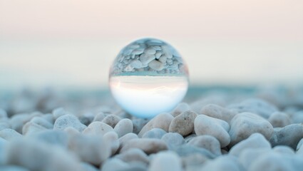 Crystal ball resting on smooth pebbles, capturing a refracted upside down image of the minimalist beach and a soft hued sky blending with the calm sea, conveying peacefulness