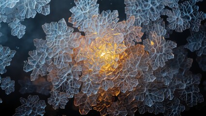 Macro view of sparkling ice crystals creating a vibrant frosty pattern, radiating warm golden light from a central point and contrasting with cool blue and orange hues