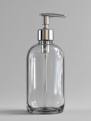 Fototapeta premium Clear glass bottle with silver pump dispenser on neutral background studio shot for product mockup hygiene concept