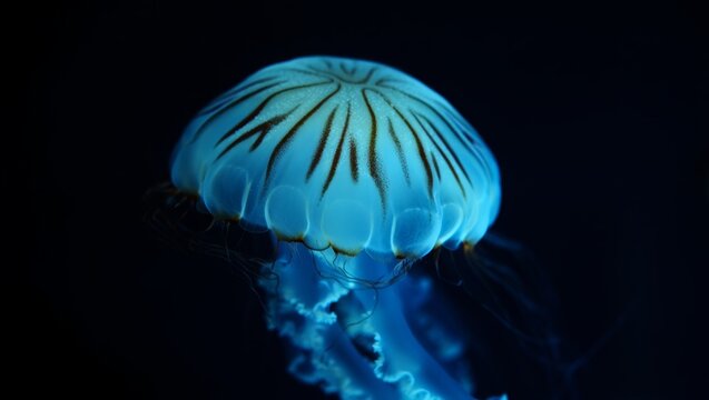 Jellyfish glowing blue against a dark background, its translucent bell showing a distinctive striped pattern while drifting through deep water with flowing tentacles