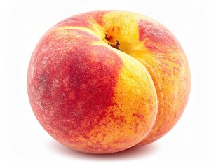 Close Up of a Vibrant Peach with Red and Yellow Skin and Fuzzy Texture on a White Background