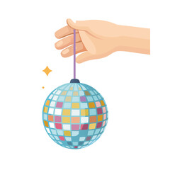 Halftone hand holding disco ball hanging on string collage element. Cut out of a magazine party festive symbol. Trendy modern retro vector illustration isolated on transparent background