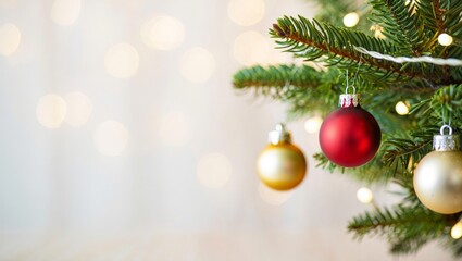 Christmas tree branch decorated with matte red and shiny gold baubles, sparkling festive lights, creating a warm holiday background with copy space for seasonal greetings