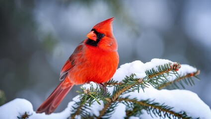 Northern cardinal perched on a snow covered pine branch, vivid red plumage contrasting with white and green winter scenery, embodying resilience and quiet natural beauty