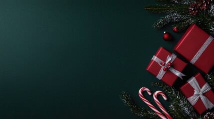 Colorful wrapped gifts sit alongside candy canes and fresh evergreen branches, creating a joyful holiday scene perfect for celebration
