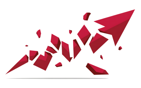 Fragmented red arrow breaking apart, soaring upward, symbolizing growth and progress. isolated on transparent background