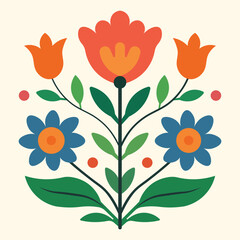 Colorful Folk Floral Art in Flat Vector Style