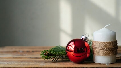 Christmas candle and red bauble ornament creating a rustic holiday decor, bringing festive warmth to a wooden surface with copy space for seasonal greetings or promotions