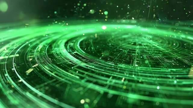 Green digital data vortex rotating with particles - Powered by Adobe