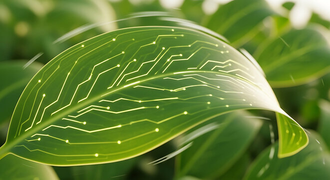 Green Leaf Adorned with Digital Circuitry Symbolizing Eco Technology and Sustainable Innovation