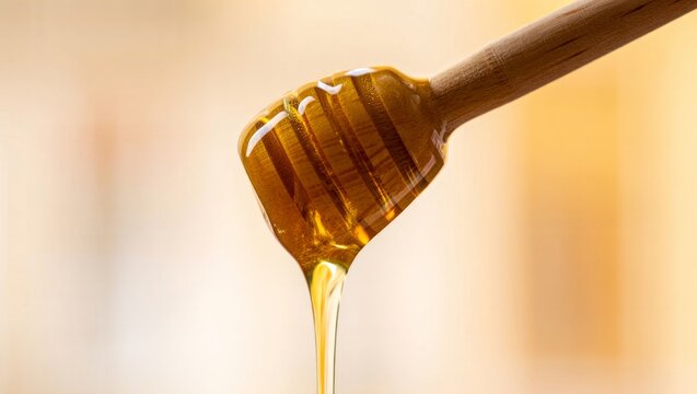 Golden natural organic honey dripping from a wooden dipper, flowing as a sweet, viscous liquid, presenting a healthy and delicious food dessert ingredient