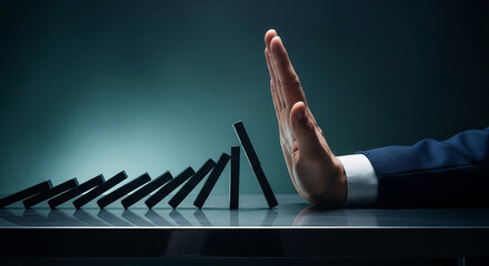 Hand stopping domino effect in a line, symbolizing risk management, prevention, intervention, control, and protection on dark teal background