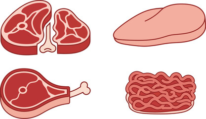 Fresh selection of raw meat cuts, including steak, chicken breast, leg, and ground meat.