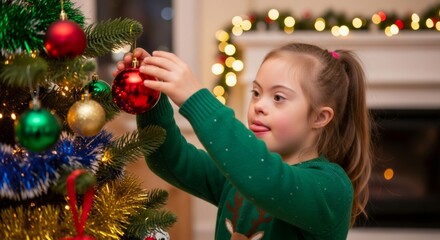 Young girl with down syndrome adorning a Christmas tree with festive ornament. Holiday celebration concept for Christmas and New Year.