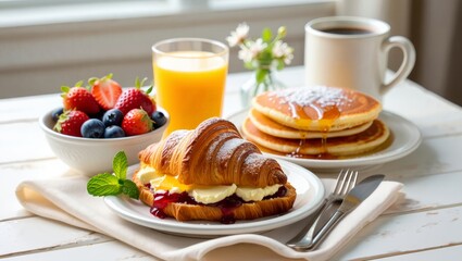 Breakfast spread with jam filled croissant, buttered syrupy pancakes, fresh berries, orange juice and steaming coffee on a light wooden table for a cozy morning meal