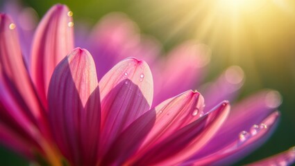 Pink dahlia flower petals glowing with morning dew drops and natural sun rays, showcasing freshness, growth, and vibrant nature in a close up macro view with soft green bokeh background
