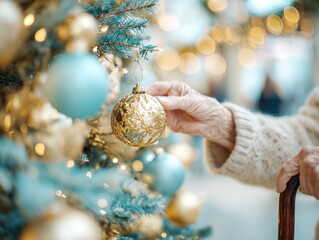An elderly woman hung a Christmas ornament on the tree. 