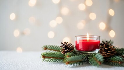 Red candle burning in a glass holder surrounded by pine needles and pinecones on white snow, creating a cozy festive atmosphere for holiday celebration with bokeh lights