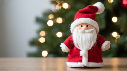 Santa claus figurine in red suit smiles on a wooden table with warm bokeh christmas tree lights behind, festive holiday decoration evoking nostalgic seasonal cheer