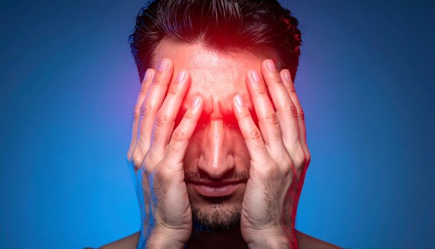 Man covers face with hands. Red highlights near forehead and eyes against a graduated blue-to-purple backdrop