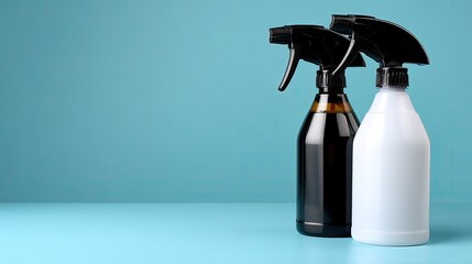 Different shapes of white cleaning bottles are neatly arranged against a bright blue background, highlighting their utility and design