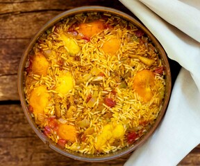 Traditional Brazilian dish of rice, chicken, and pequi ,caryocar brasiliense, known as Goiana chicken stew.	