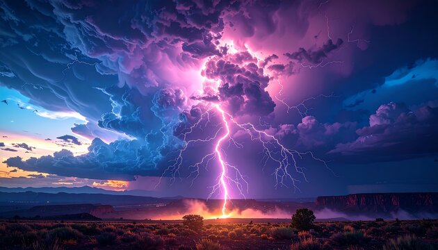 Lightning strikes a field under a dramatic, colorful cloudscape at sunset, showcasing atmospheric electricity