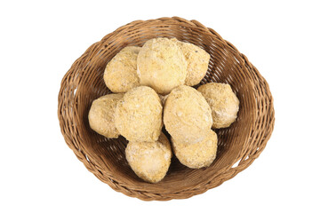 Breaded Food Items in Wicker Basket - Cooking Ingredients on White Background