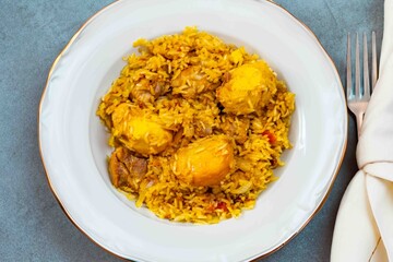 Traditional Brazilian dish of rice, chicken, and pequi ,caryocar brasiliense, known as Goiana chicken stew.	