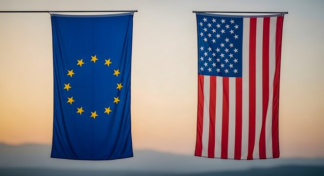 Vertical Flags of European Union and USA Hanging at Sunset