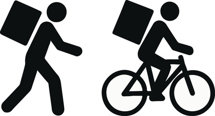 Flat Design Delivery Vector Walking and Cycling Courier Silhouettes on White Background