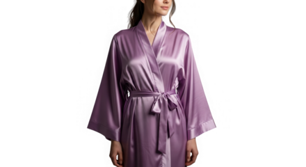 Woman in a light purple satin robe isolated on transparent background