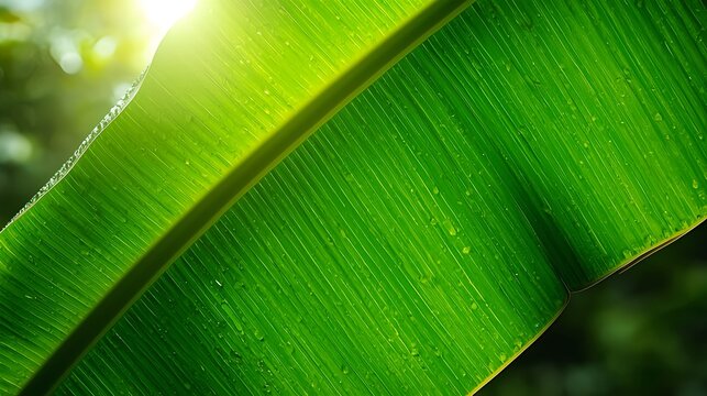 Vibrant green leaf texture with morning dew drops glistening in bright sunlight. Concept of nature, freshness, and a clean environment. - Powered by Adobe
