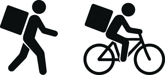 Flat Design Delivery Vector Walking and Cycling Courier Silhouettes on White Background
