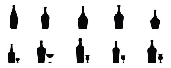 A simple black silhouette set of bottles and glasses on a white background. Perfect for bar, drink, and restaurant design projects.